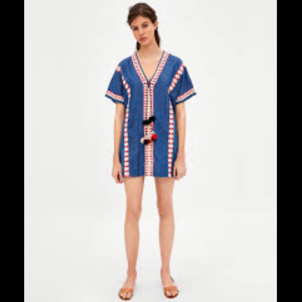 Zara | Dresses | Zara Embroidered Denim Dress Size Small